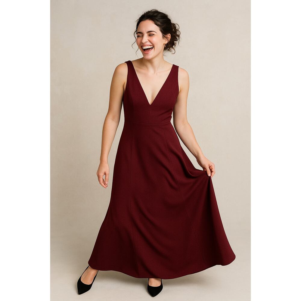 Birdy Grey Dress Womens Small Burgundy V-Neck Sleeveless Bridesmaid Maxi Gown